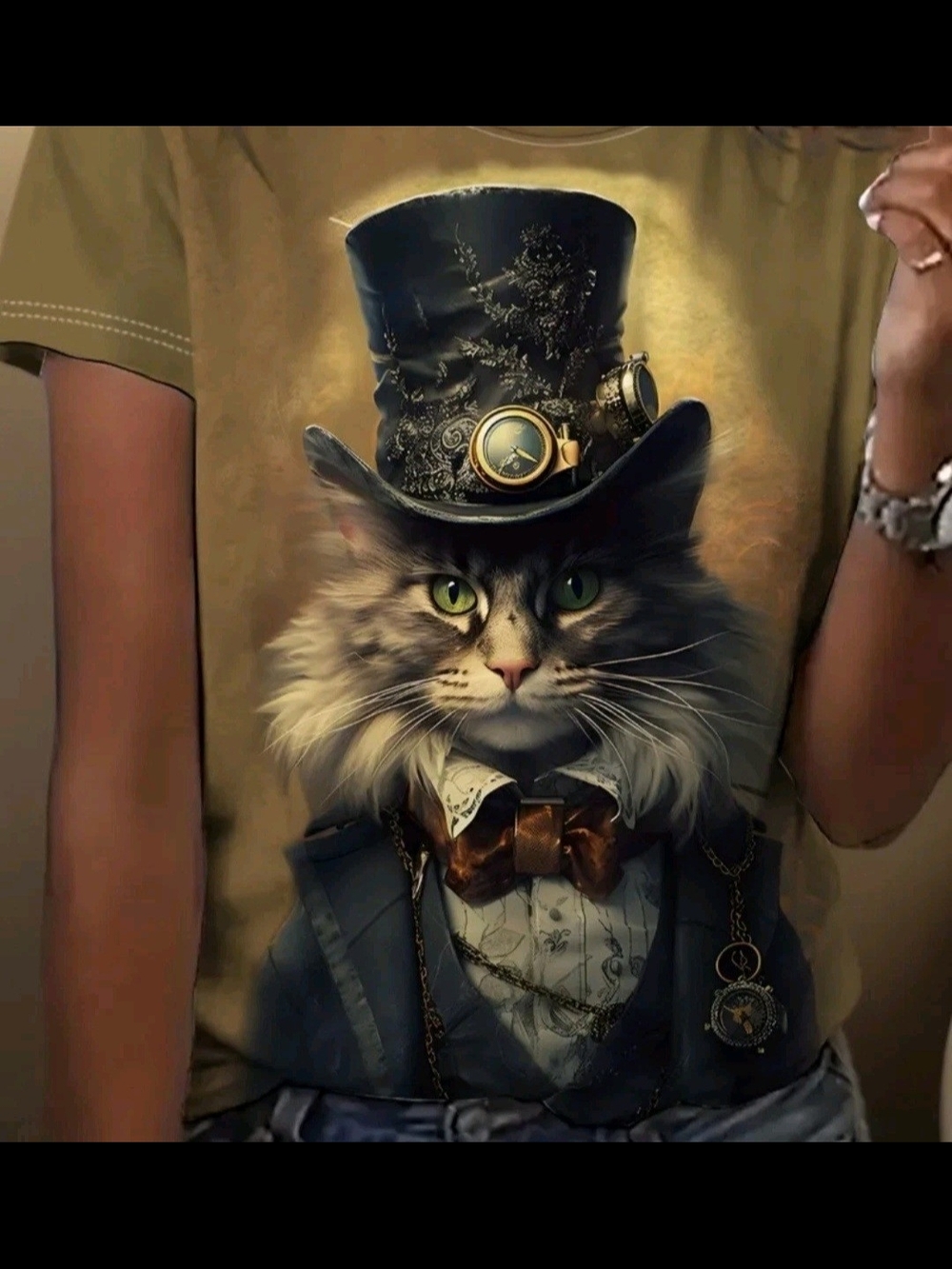 Steampunk Cat Graphic Tee W/Top Hat In Olive Green. Womens Plus Size 4X